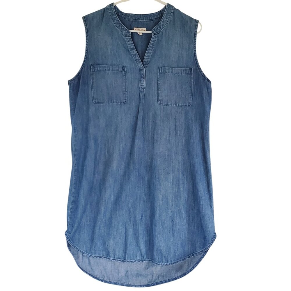 MERONA Chambray Shirt Dress Women's XL Pullover Sleeveless Pockets Drop Tail